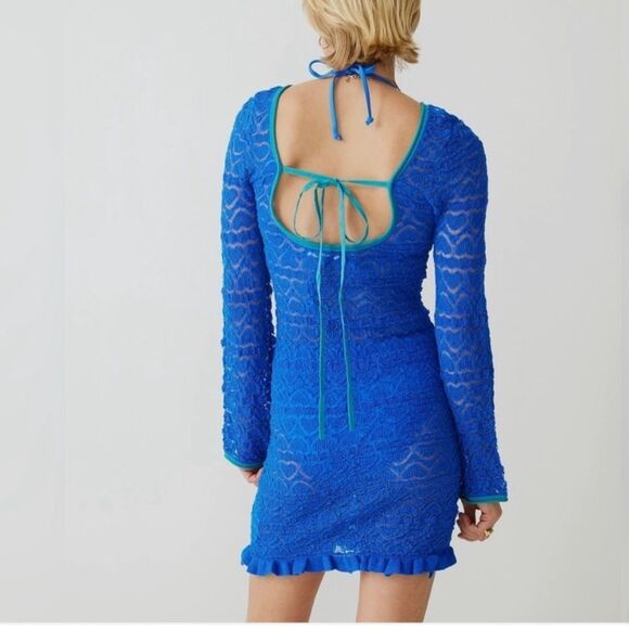 J Crew Limited Edition Blue Open Back Lace Mini Sweater Dress Size XL - Picture 3 of 8